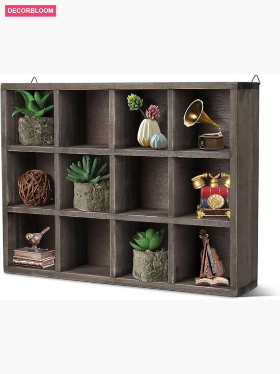 Other - 12-Compartment Rustic Wood Cubby Wall Shelf for Collectibles Display